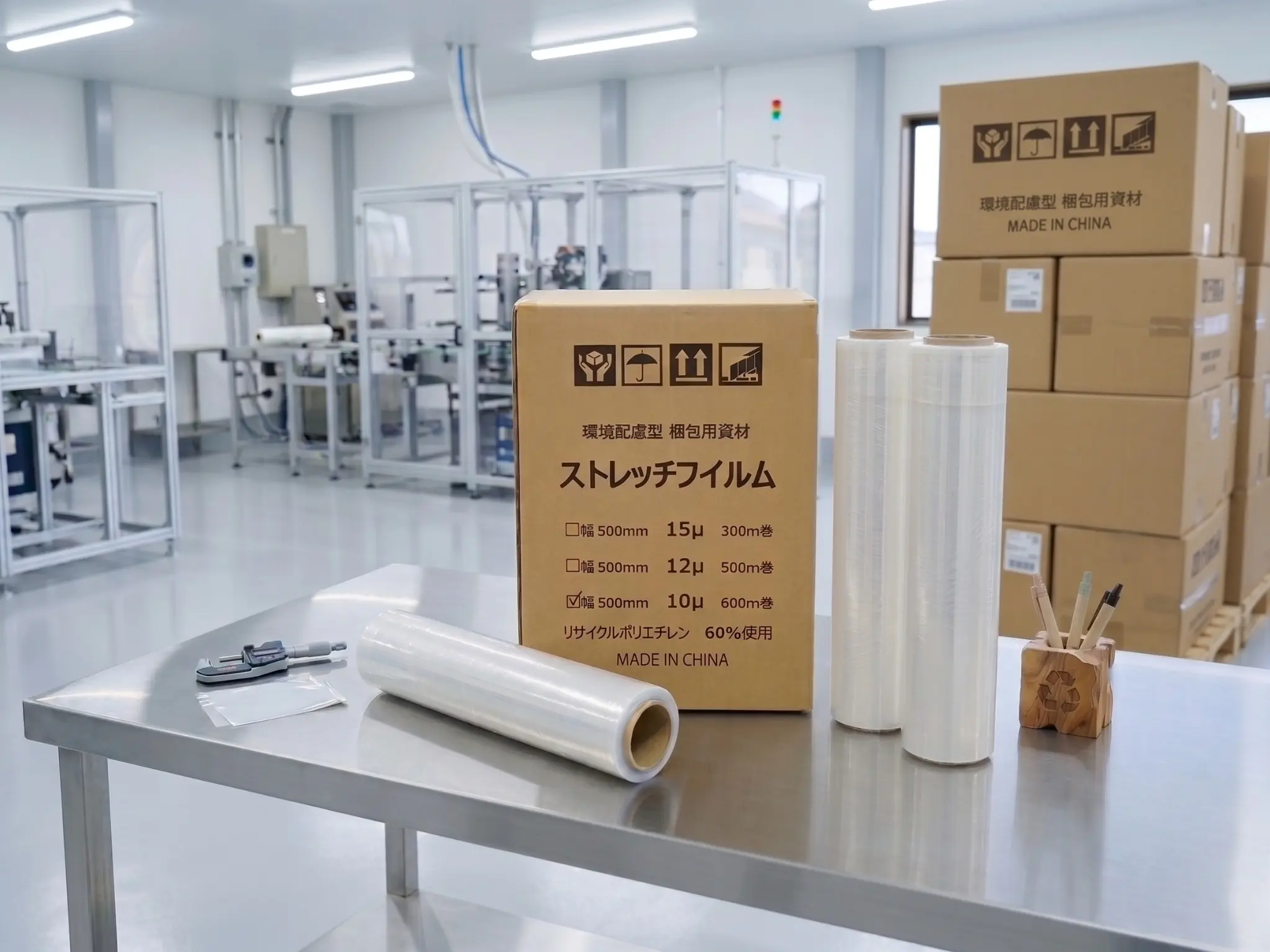 再生材60%使用ストレッチフィルムと製品パッケージ